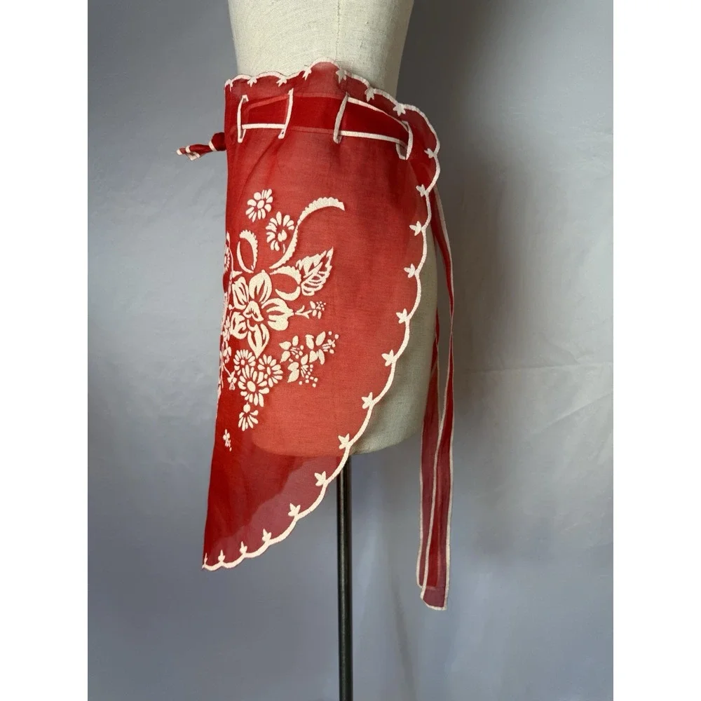 Vintage Sheer Christmas Floral Red White Embossed Half‎ Apron Hostess Retro